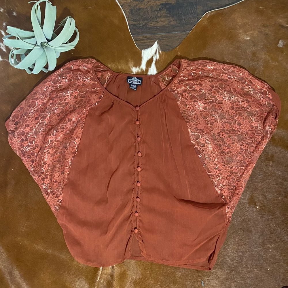 Angie Rust Lace Button-Front Blouse